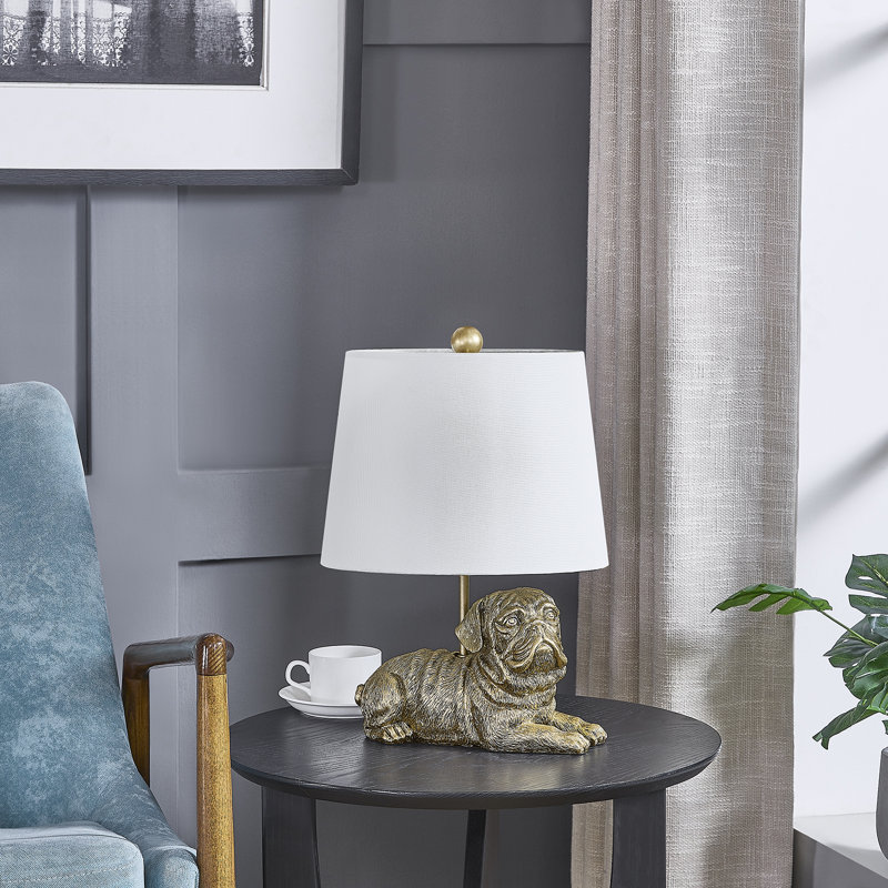17.25" Resin Pug Table Lamp With Shade, White, Gold