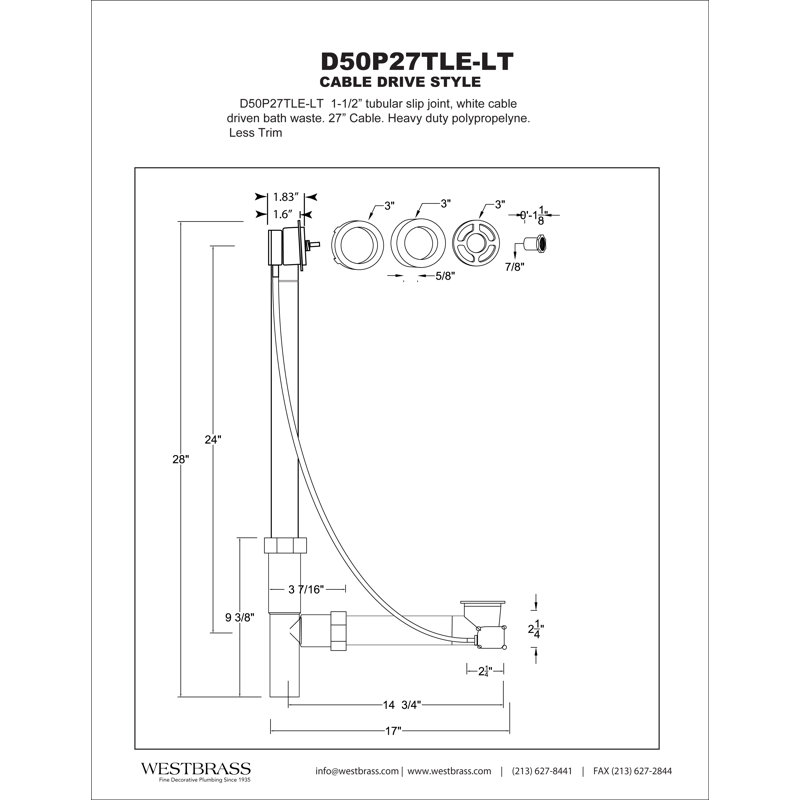 27" White Polyethylene Cable Drive Bathtub Drain Assembly