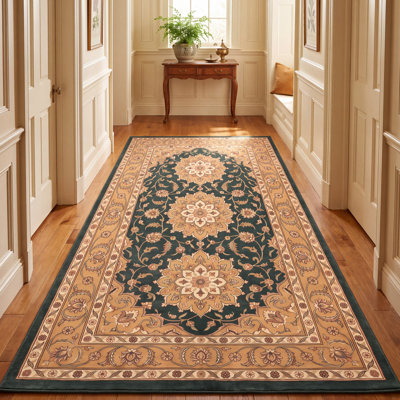 Tapis Stanhope traditionnel de style persan audacieux, or, vert, crème, ivoire, lavable en machine, antidérapant, à poils courts, pour l'intérieur et l'extérieur, adapté aux animaux domestiques, idéal pour le salon, la chambre, la salle à manger, l'entrée, le couloir ou le bureau.