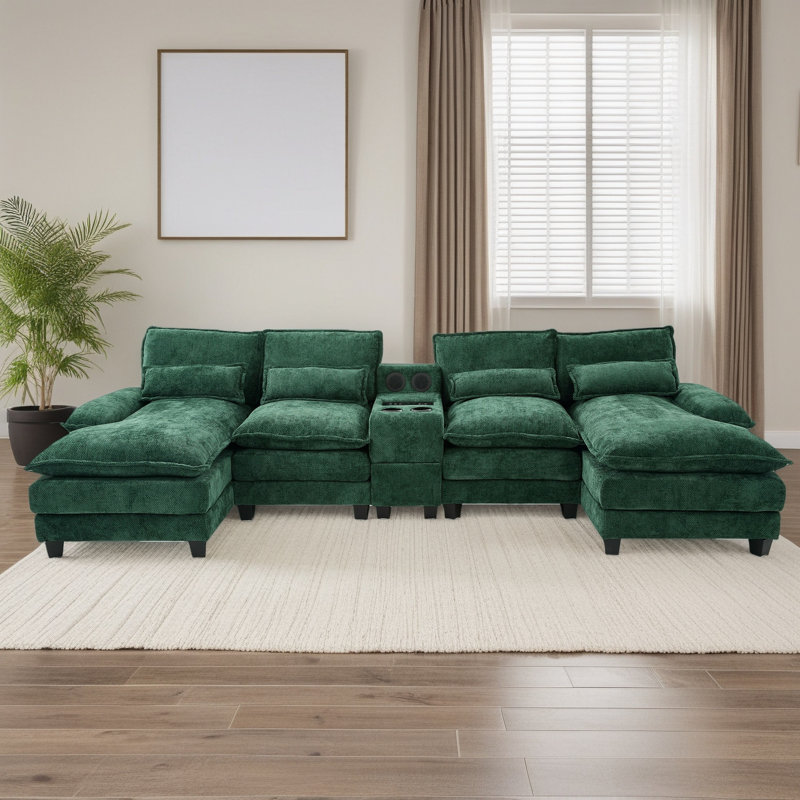126‘’W U Shaped Cloud Couch Sectional Sofa,chenille Cloud Black Sectional Couches With Double Chaise Lounge For Living Room