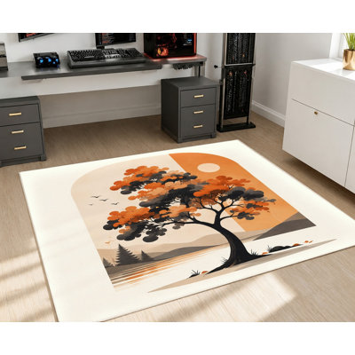 Tapis abstrait à motif d'arbre, silhouette orange et noire, design graphique artistique, tapis de sol antidérapant, décoration intérieure moderne pour salon, chambre, bureau, appartement