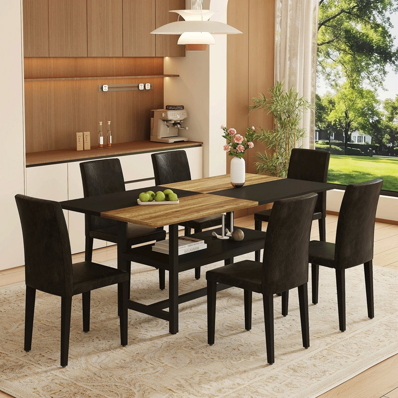 Ensemble de table et de chaises.Une table de salle à manger circulaire épissée de couleur moderne - rangement double couche.Ajoutée à la technologie des chaises de salle à manger en tissu, simple et polyvalente, confortable.