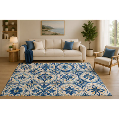Tapis ultra-léger 152 x 213 cm (5 pi x 7 pi) à motif mosaïque bleue, style méditerranéen, idéal pour la chambre, le salon et la cuisine. Dos antidérapant en silicone.