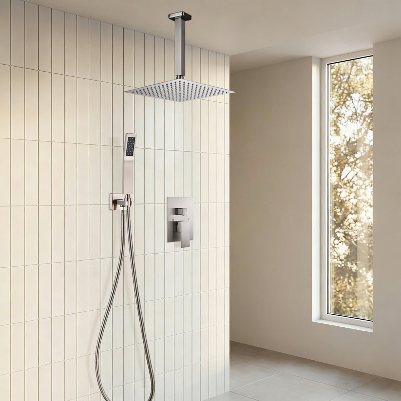Ceiling-Mounted Complete 10" High-Pressure Shower System with Rough in-Valve Brushed Nickel, Brushed Nickel