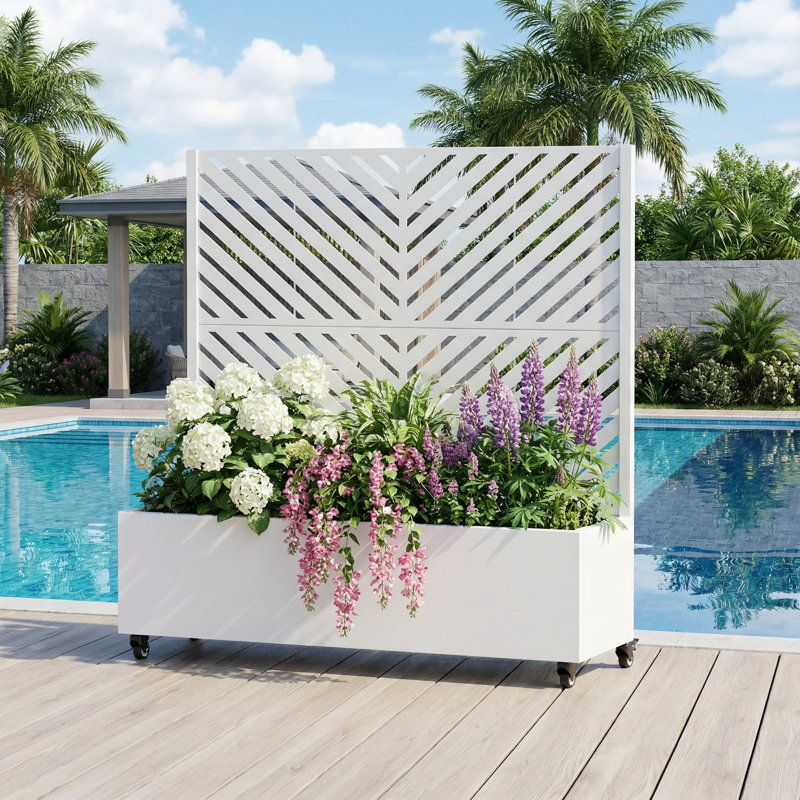 Metal Planter Box with Trellis with Wheels, 47" H x 47" W x 16" D, White