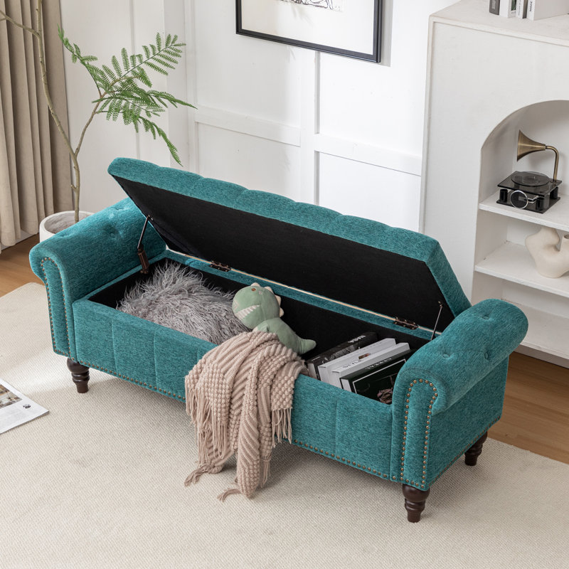 59" Wide Upholstered Storage Bench with Solid Wood Legs & Nailhead Trim, Teal