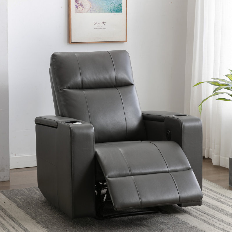 Ryat 33.1'' Wide Modern Faux Leather Power Recliner with Arm Table and Cupholders (Set of 2), Gray