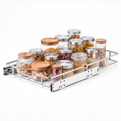 Organisateur de placard coulissant 35,7 cm (L) x 53,2 cm (P) en acier chromé, étagères coulissantes robustes pour placards bas, conçu pour l'organisation de la cuisine, de la salle de bain, du garde-manger et de la maison