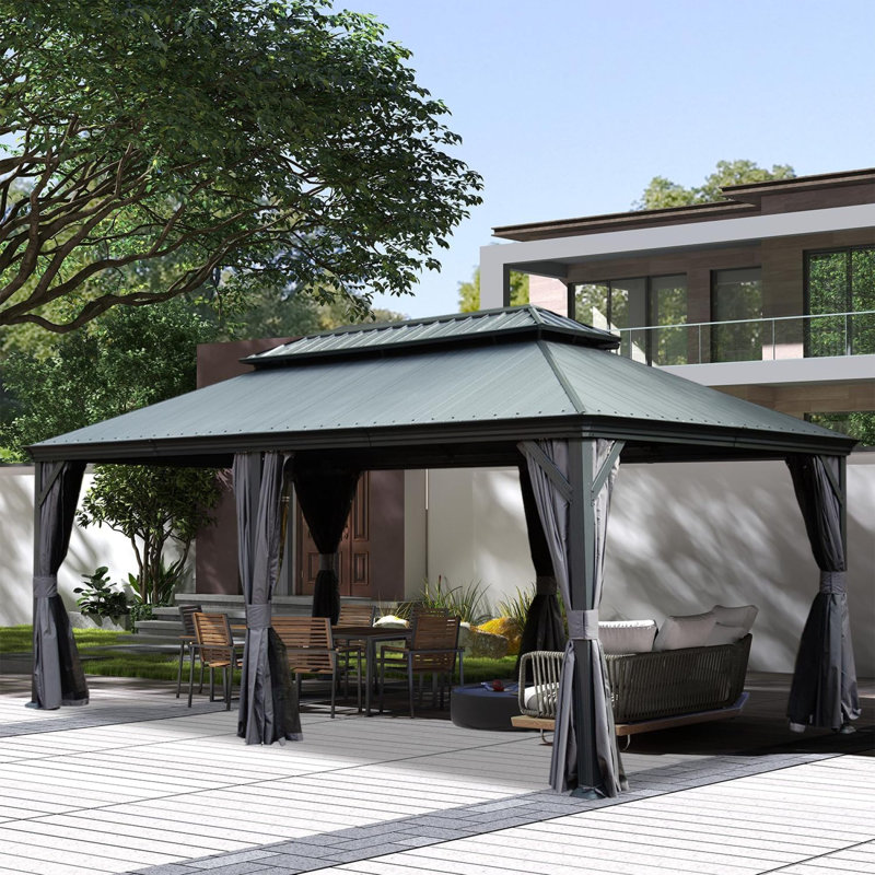 Pavillon de jardin durable avec cadre en métal, pavillon à toit rigide avec double toit, idéal pour les réceptions dans la cour arrière