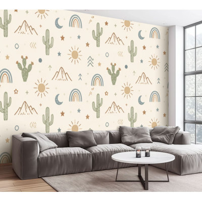Wall Mural Peel and Stick Wallpaper Cactus Mountains Boho Desert Self-Adhesive Removable Contact Paper Wall Decor for Living Room Bedroom 100"H x 144"W