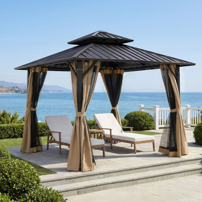 10 Ft. x 10 Ft. Outdoor Aluminum Hardtop Gazebo, Double Roof Patio Gazebo with Curtains and Netting, Ventilated Metal Roof Outdoor Shelter for Backyard, Garden, Deck and Patio, Khaki
