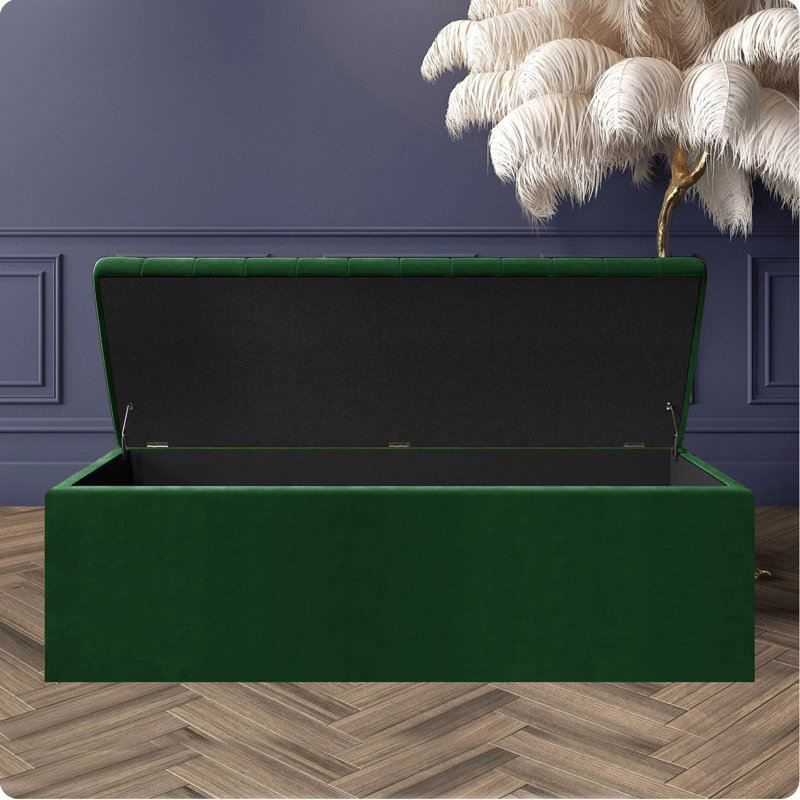 Safar Wide Velvet Rectangle Solid Color Standard Ottoman Box with Storage, Forest Green Plush Velvet, 90 cm