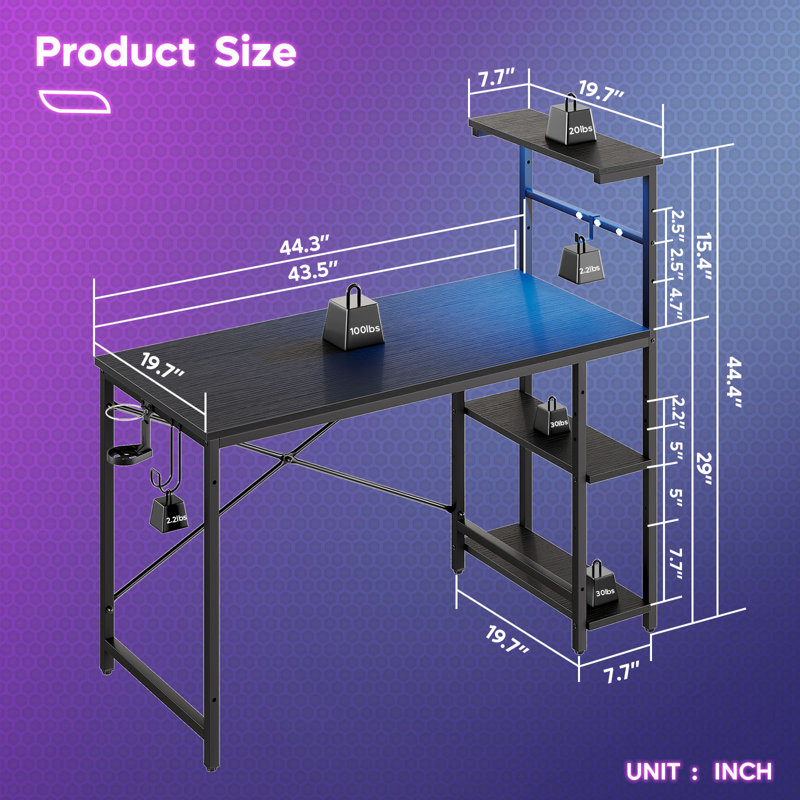 Nedyo RGB LED Computer Desk with Reversible Shelves , 44.49" H x 44.29" W x 19.69" D, Black