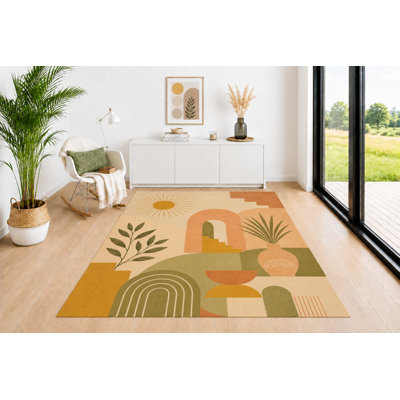 Tapis géométrique «Ultra Léger» 5 pi x 7 pi, Vase arqué avec des tons de terre en beige terre cuite vert sauge, Tapis de plancher pour le bureau du salon