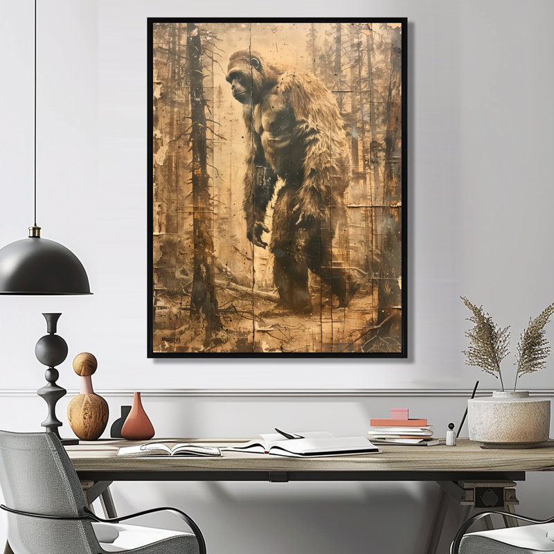 Art mural brun et mystérieux Bigfoot II - Bigfoot, H 44 po x l 34 po x P 1,5 po, Toile avec cadre flottant noir