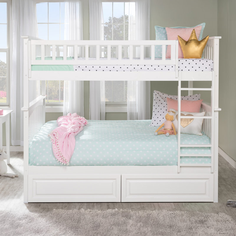 Columbia Solid Wood Standard Ladder Storage Bunk Bed with Raised Panel Under Bed Drawers, Full over Full, White