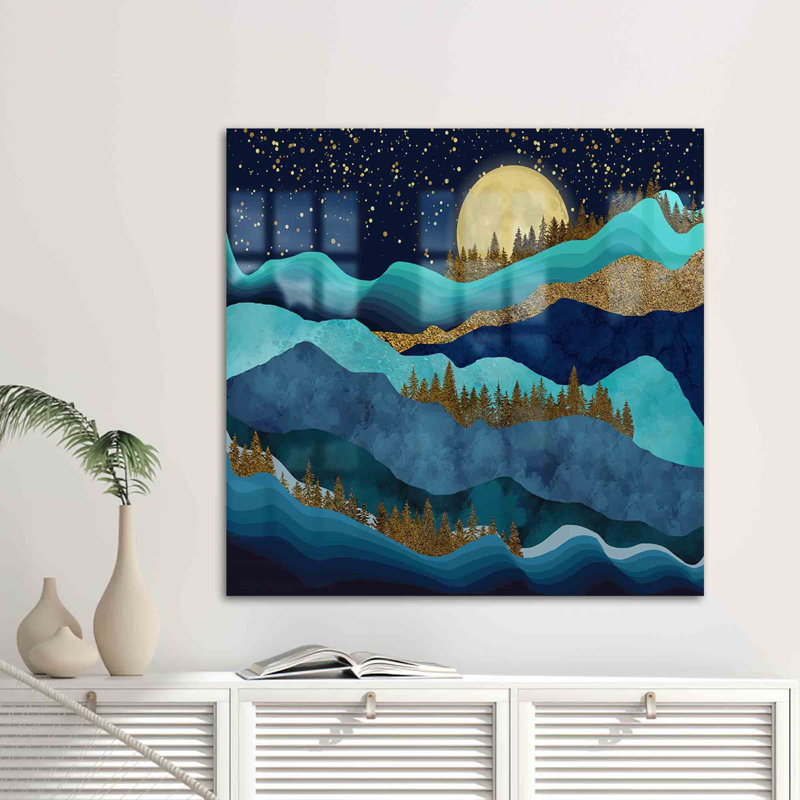 Art mural en verre de qualité supérieure mettant en vedette un paysage de forêt dorée illuminé par une pleine lune pour une décoration sophistiquée
