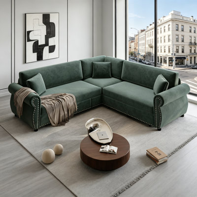 88.2 L-Shaped Sofa Couch with Pull-Out Bed, Convertible Sleeper Sofa with Nailhead Trim & Rolled Arm, Chenille Upholstered Sectional for Living Room and Office
