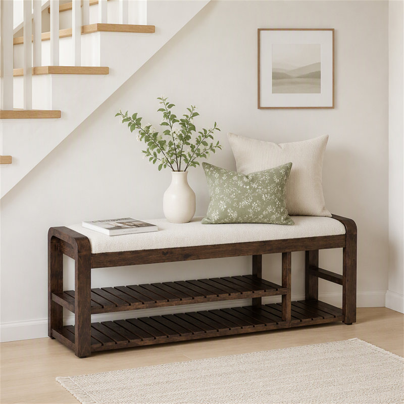 Banc de rangement pour chaussures en bois massif de 55 po, banc d'entrée rembourré avec coussin amovible, Marron foncé