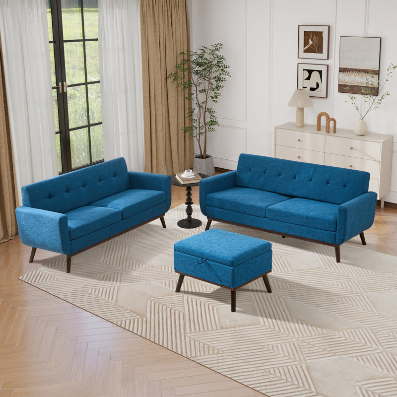 Ensemble de causeuse et canapé avec repose-pieds, ensemble de salon rembourré capitonné 3 pièces, Bleu