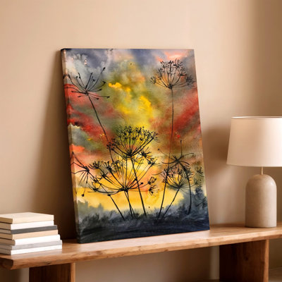 Wildflower Silhouette Watercolor Sunset Landscape Painting Canvas Wall Art Print, Landscape Decorative Artwork for Home Decor, Bedroom, Living Room, Office, Gallery Wall Accent