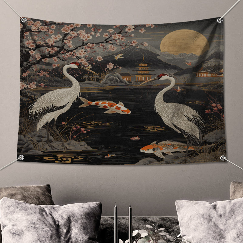 Tapisserie murale «Cherry Blossom Cranes» - Décoration murale paysage, H 104 po x 88 avec 4 œillets