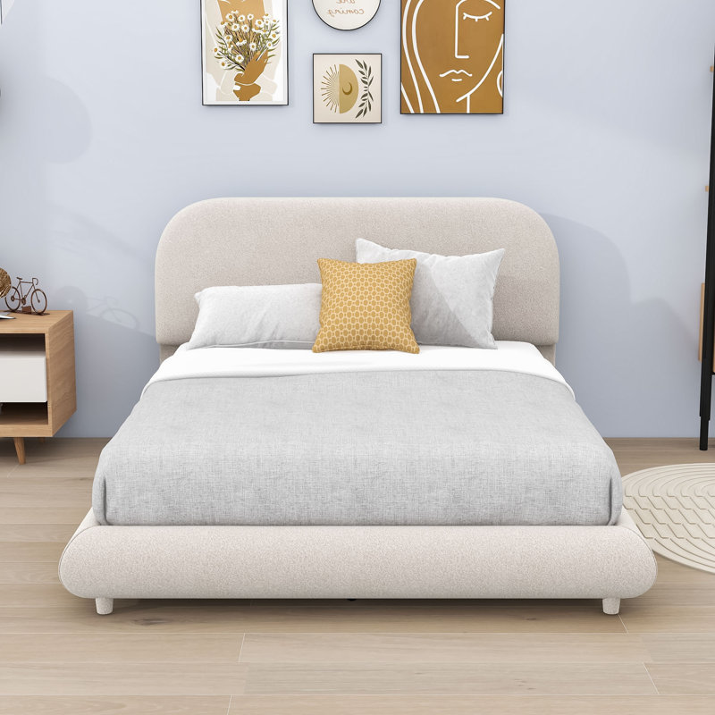 Milenka Upholstered Platform Bed with Curve-Shaped Headboard, Beige, Full