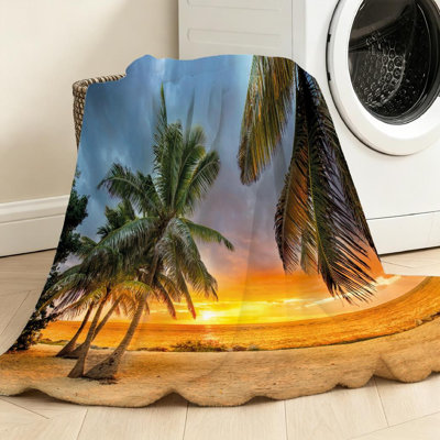 Blue Ultra Soft Flannel Fleece Throw Blanket,Sunset at The Beach While Single-Sided Print