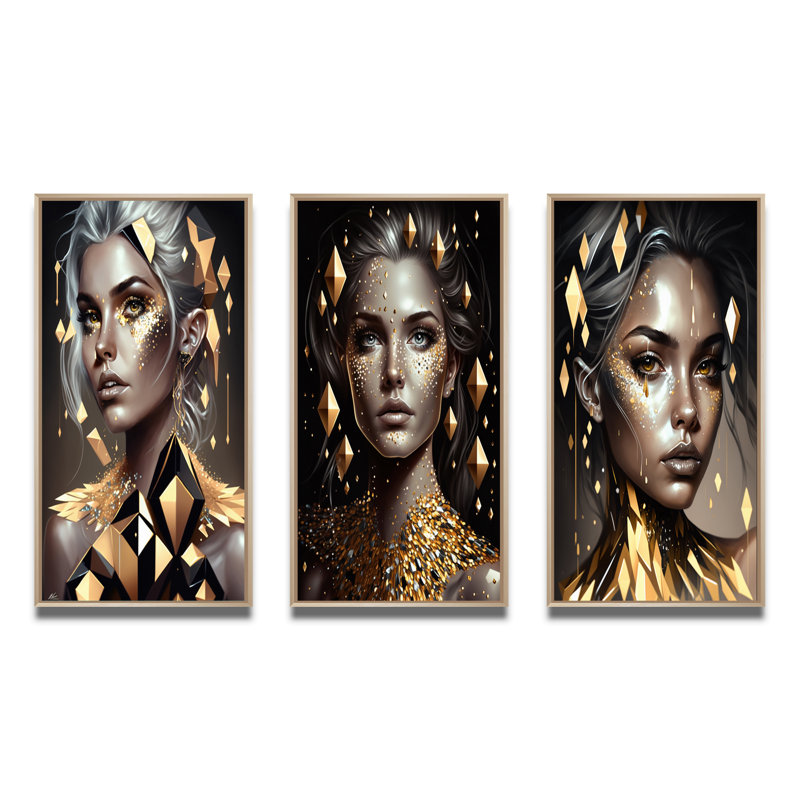 «Radiating Golden Woman», 3 pièces sur toile, Cadre naturel flottant, H 20 po x l 36 po