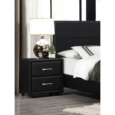 Stylish Bedroom 2 Nightstand In Black Faux Leather With Silver Handles Upholstery And Modern Pulls