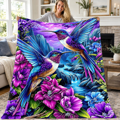 Jeté en flanelle 1pc Colibri, scène de cascade florale tropicale vibrante, couverture de la vie sauvage douce et douce pour canapé-lit, salon, bureau, cadeau de décoration intérieure