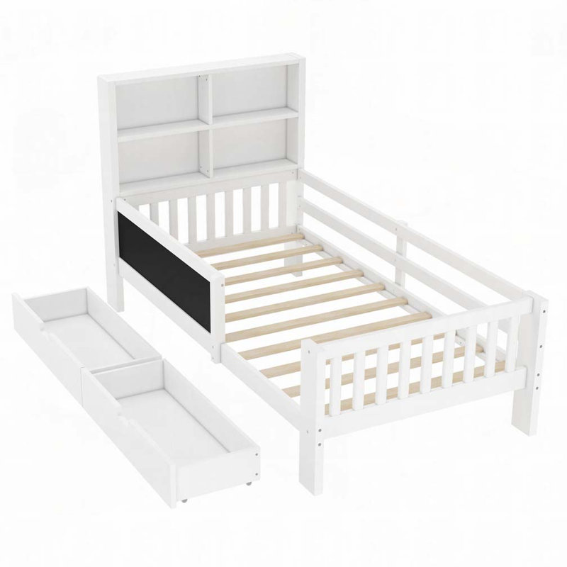 Lit avec rangement et tiroirs en bois, Simple, Blanc