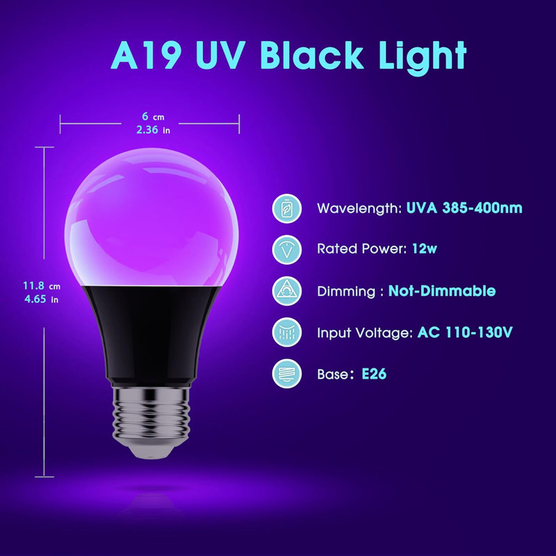 Ampoule 12W à DEL noire, UVA 385-400Nm, culot E26 pour effets lumineux