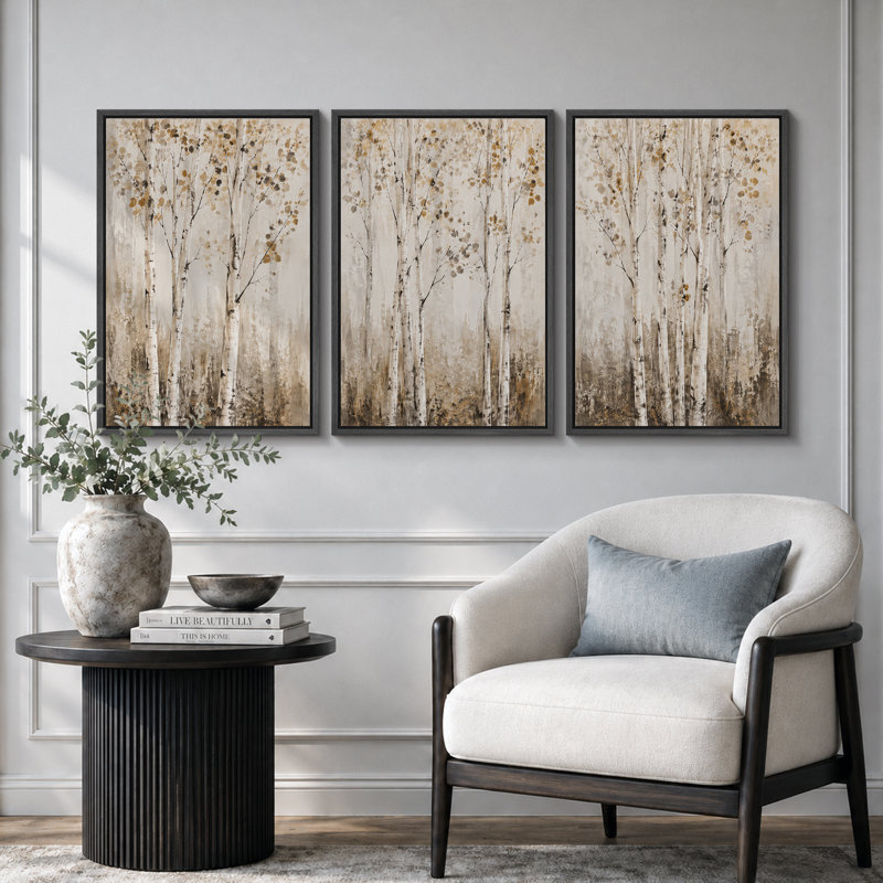 «Neutral Birch Tree Forest Landscape», art de chambre à coucher, impression sur toile encadrée, 3 pièces, Black Frame