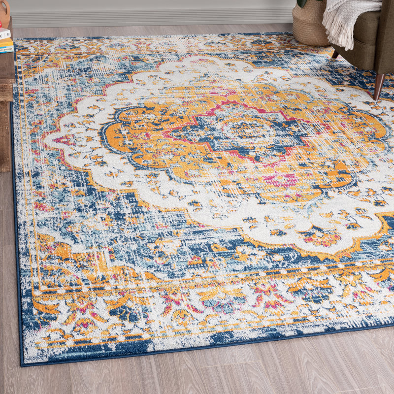 Teshawna Esmay Performance Blue/Gold Medallion Rug, Rectangle 8'9" x 12'2"