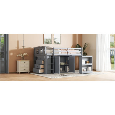 Twin Loft Bed With Storage Cabinet, Drawer And Shelf Cabinet And Pulling-Out Desk, Rubber Wood Loft Bed With Safety Guardrail, Ladder,Grey657