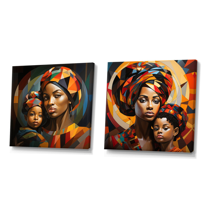 Orange orange, mère et enfant «Bond I» - ensemble d'art mural sur toile Art africain, Toile tendue