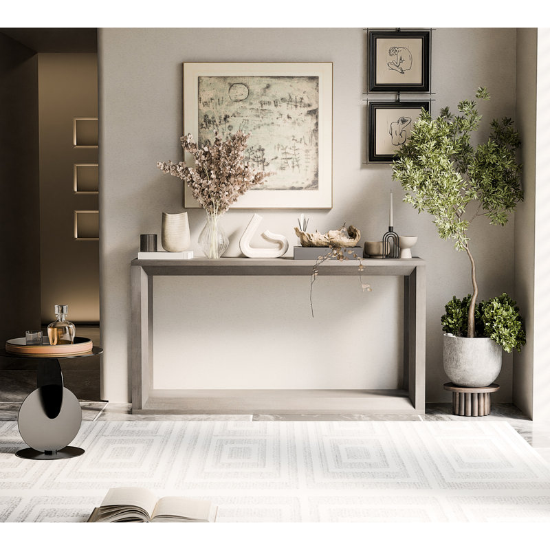 Grande console rectangulaire en placage de bois massif vieilli gris de 60 po pour le canapé derrière, un grand espace de rangement dans l'espace de vie principal, une base et des piliers, une table facile à assembler, un canapé avec look, un rangement,