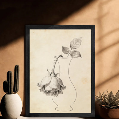 Art encadré noir, rose rétro, rose de jardin, rose panachée, art de plante rose, reproduction d'art rétro de style croquis