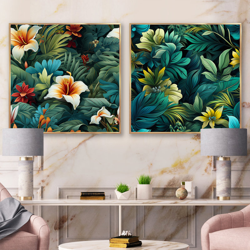 Rainforest Radiance - motif tropical - ensemble de 2 collages carrés tropicaux, Cadre flottant noir, H 16 po x l 33 po