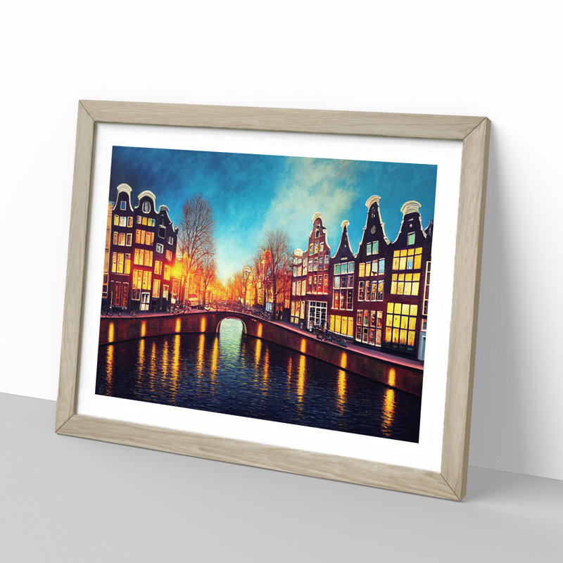 Amsterdam Canal Art Painting - Framed Print, 46cm H x 64cm W x 2cm D, Oak