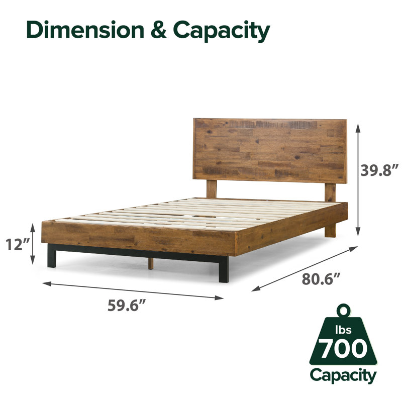 Lirim Solid Wood Platform Bed Frame with Adjustable Headboard, Queen, Brown