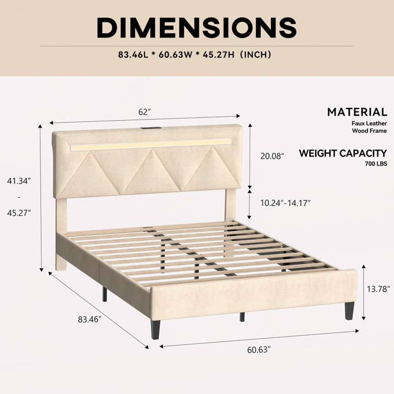 Structure de lit plateforme tapissier avec station de charge et lumières DEL, Beige, Grand