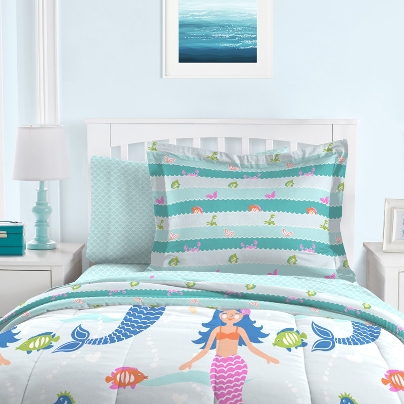 Mermaid Dreams Twin Blue Microfiber Bed in a Bag Set
