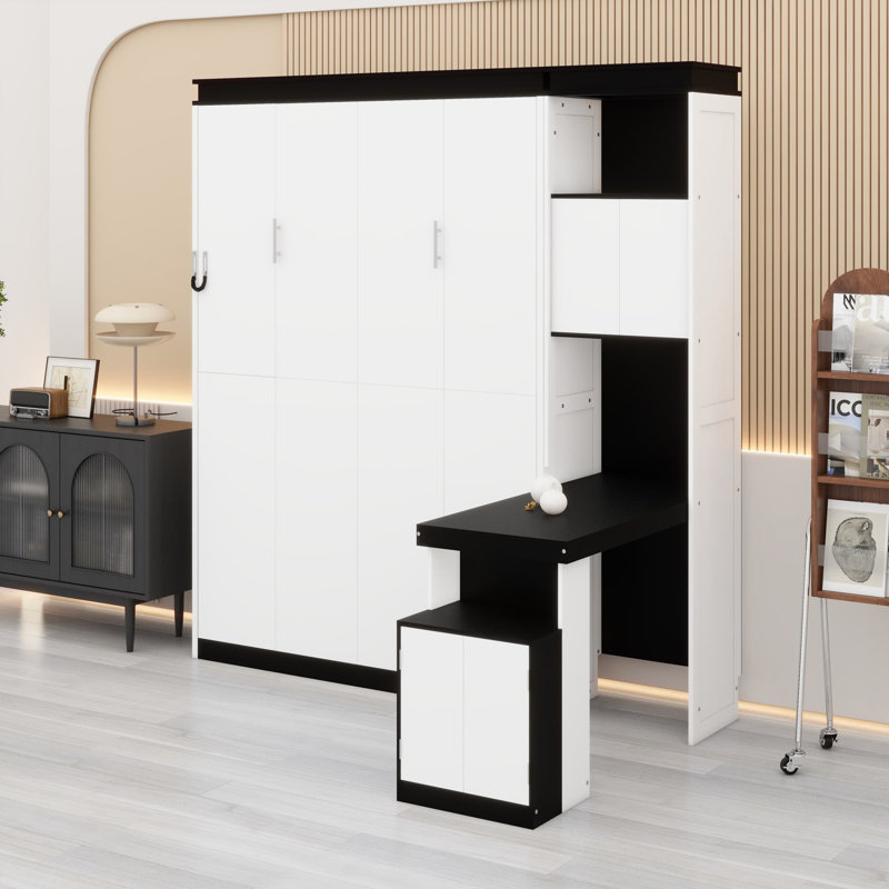 Lit escamotable rabattable avec bureau intégré et tablettes de rangement