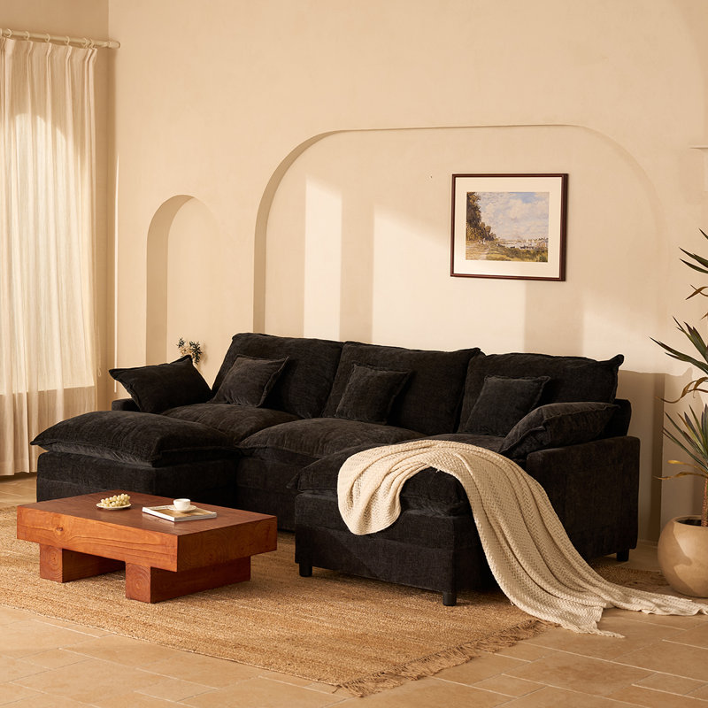 Canapé modulaire 108 po, canapé modulaire à assise profonde avec repose-pieds Cloud, canapé rembourré en chenille noir, 108"