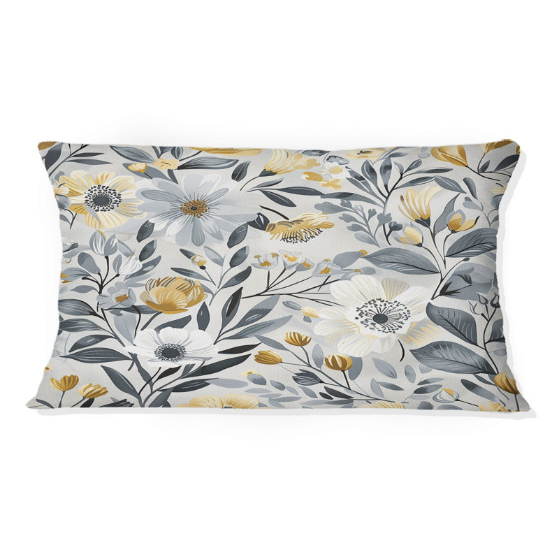 Motif de fleurs blanches et grises paradisiaques - coussin Boho, Forme rectangulaire, H 12 po x l 20 po