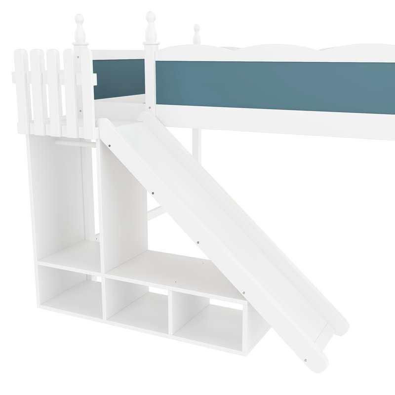 Grand lit mezzanine en bois massif bleu et blanc avec tablettes de rangement, garde-robe, glissade, échelles, multifonctionnel, assemblage facile, coffre-fort multifonctionnel sous le lit, installation