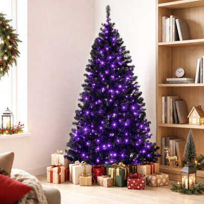 Sapin de Noël noir pré-illuminé de 1,83 m avec 680 lumières DEL violettes, noir