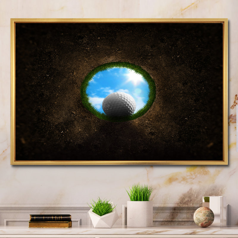 " Golf Ball Falling Into ", 8" H x 12" W x 1" D, Gold Floater Framed